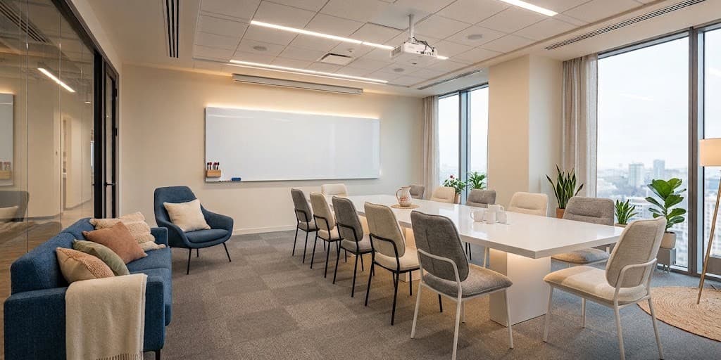 A universal meeting and training room with a table, chairs, whiteboard and ceiling projector